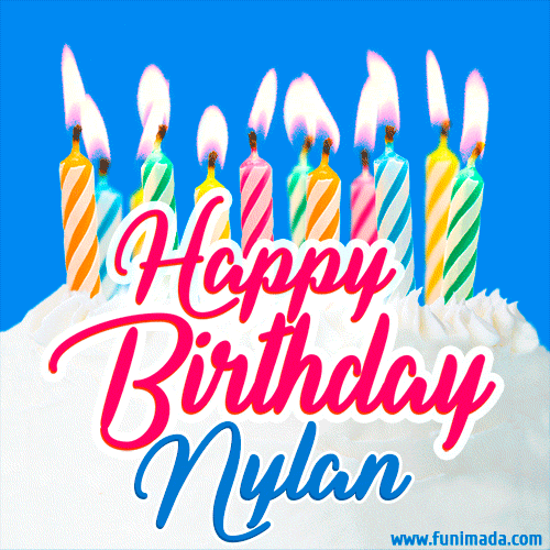 Happy Birthday GIF for Nylan with Birthday Cake and Lit Candles
