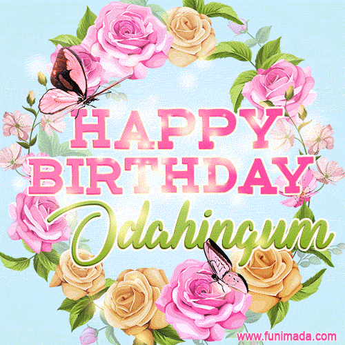 A charming animated GIF featuring 'Happy Birthday Odahingum' in pink and green text, surrounded by delicate roses, leaves, and fluttering butterflies on a soft light blue pastel background.