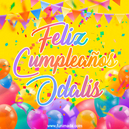 A bright and festive GIF with the text 'Feliz Cumpleaños Odalis' in Spanish in colorful fonts, surrounded by confetti, balloons, and festive banners on a vibrant yellow background.