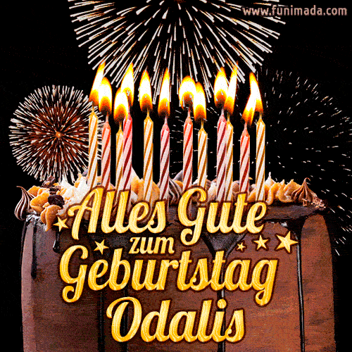 A chocolate birthday cake with glowing candles, the German text 'Alles Gute zum Geburtstag Odalis,' and vibrant fireworks lighting up the background in an animated GIF.