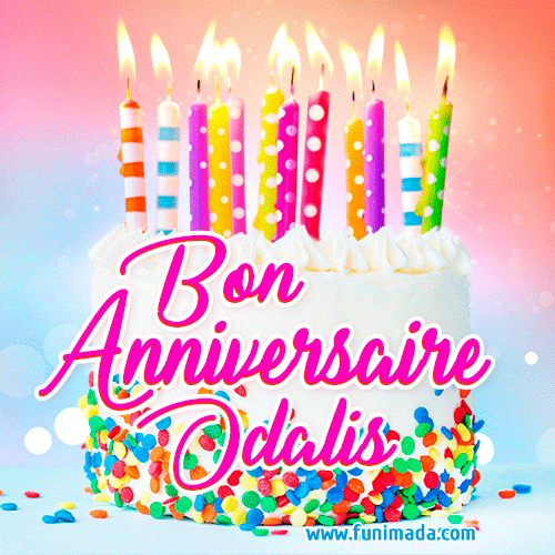 A white birthday cake covered in colorful sprinkles, topped with bright candles, and French text 'Bon Anniversaire Odalis' on a pastel gradient background in an animated GIF.