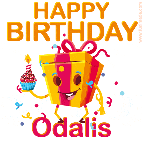 A vibrant and funny gift box character with a happy face dancing with a cupcake and the text 'Happy Birthday Odalis,' surrounded by animated confetti and party vibes.