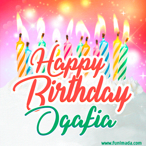 Bright birthday candles with rainbow flames on a cake, alongside the text 'Happy Birthday Ogafia' in vibrant script in this celebratory animated GIF.