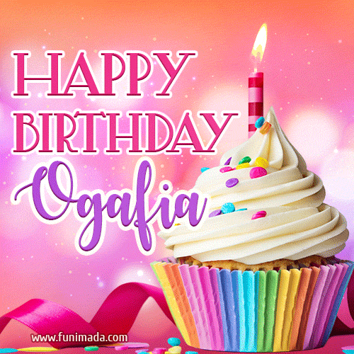 A vibrant birthday GIF featuring a rainbow-colored cupcake topped with white frosting, sprinkles, and a lit candle. The text reads 'Happy Birthday Ogafia' in bold pink and violet letters with white outline.