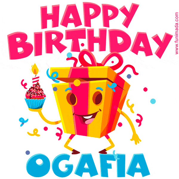A vibrant and funny gift box character with a happy face dancing with a cupcake and the text 'Happy Birthday Ogafia,' surrounded by animated confetti and party vibes.