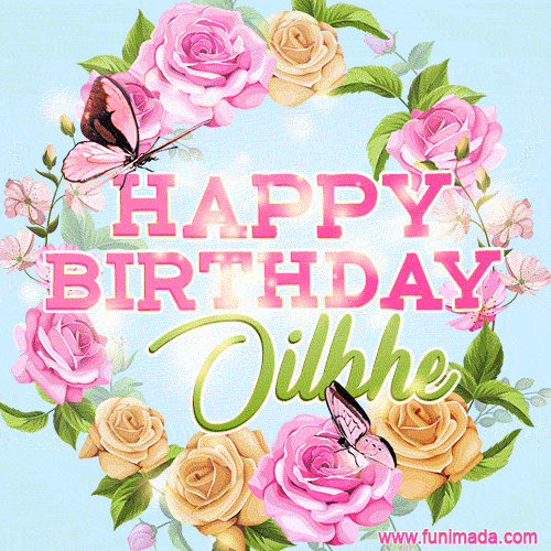 A charming animated GIF featuring 'Happy Birthday Oilbhe' in pink and green text, surrounded by delicate roses, leaves, and fluttering butterflies on a soft light blue pastel background.