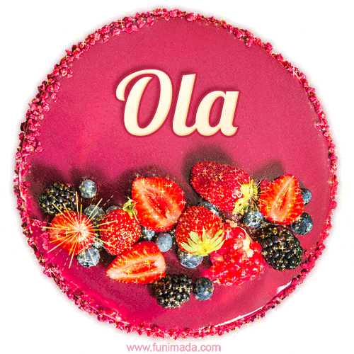Beautifully decorated red velvet berry birthday cake with vibrant fruits and a glowing 'Ola' name, adding a touch of sweetness and sparkle.