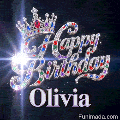 A customized birthday GIF for Olivia displaying a rich jeweled crown with a sparkly dark background.