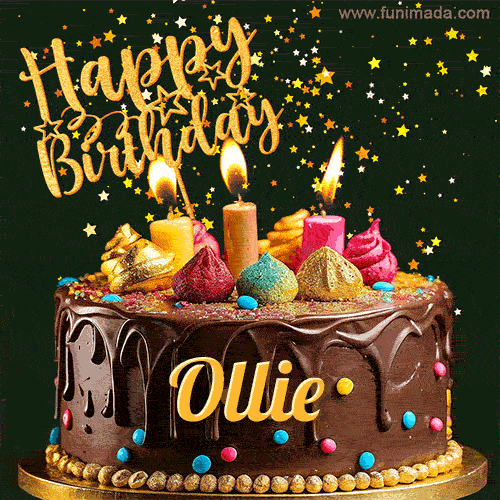 A delightful chocolate birthday cake with bright candles and 'Happy Birthday Ollie' written in gold amidst a shower of animated stars.