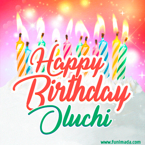 Bright birthday candles with rainbow flames on a cake, alongside the text 'Happy Birthday Oluchi' in vibrant script in this celebratory animated GIF.