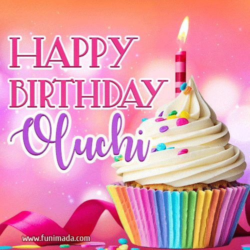 A vibrant birthday GIF featuring a rainbow-colored cupcake topped with white frosting, sprinkles, and a lit candle. The text reads 'Happy Birthday Oluchi' in bold pink and violet letters with white outline.