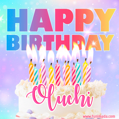 A vibrant animated name GIF with the words 'Happy Birthday Oluchi' with colorful candles on a creamy cake. The background sparkles with pastel shades, adding a festive touch.