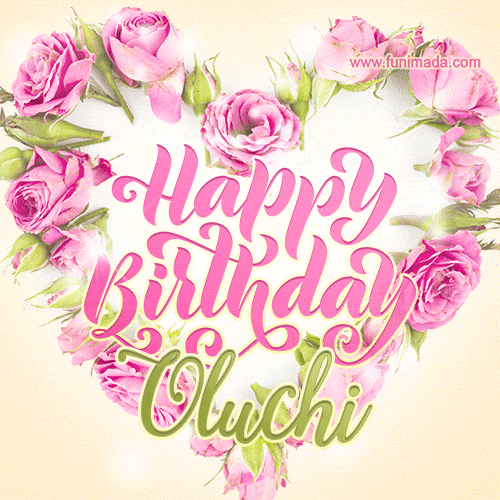 A stunning heart made of pink roses surrounds the elegant script text 'Happy Birthday Oluchi' on a soft beige background. Animated sparkles add a magical and festive feel.