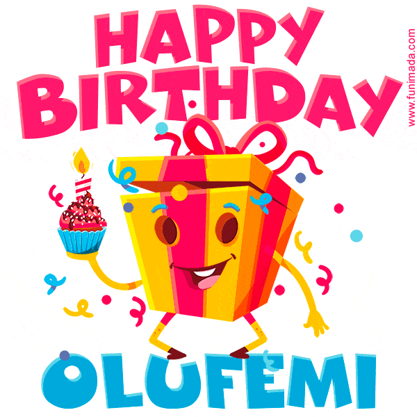 A vibrant and funny gift box character with a happy face dancing with a cupcake and the text 'Happy Birthday Olufemi,' surrounded by animated confetti and party vibes.