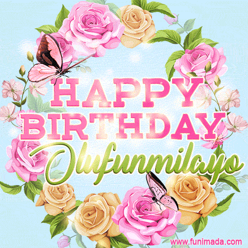 A charming animated GIF featuring 'Happy Birthday Olufunmilayo' in pink and green text, surrounded by delicate roses, leaves, and fluttering butterflies on a soft light blue pastel background.