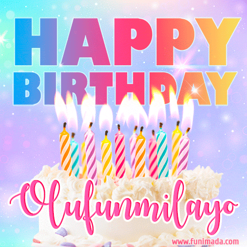 A vibrant animated name GIF with the words 'Happy Birthday Olufunmilayo' with colorful candles on a creamy cake. The background sparkles with pastel shades, adding a festive touch.