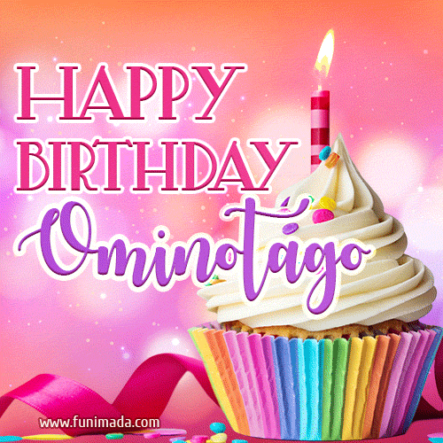 A vibrant birthday GIF featuring a rainbow-colored cupcake topped with white frosting, sprinkles, and a lit candle. The text reads 'Happy Birthday Ominotago' in bold pink and violet letters with white outline.