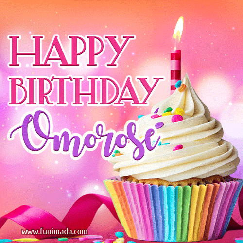 A vibrant birthday GIF featuring a rainbow-colored cupcake topped with white frosting, sprinkles, and a lit candle. The text reads 'Happy Birthday Omorose' in bold pink and violet letters with white outline.