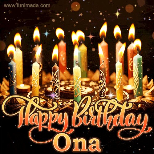 A glowing personalized birthday GIF with name Ona featuring lit candles with intricate designs, warm lighting, and the text 'Happy Birthday' in an elegant font.
