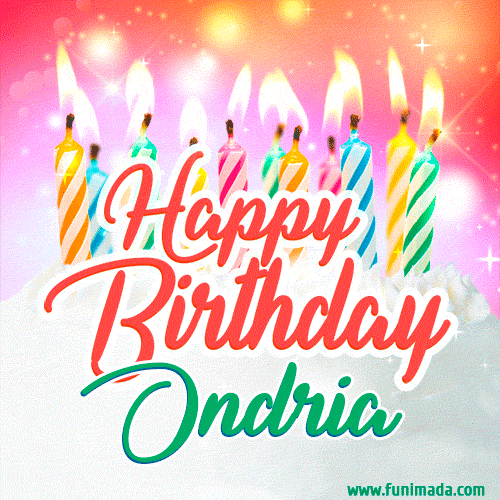 Bright birthday candles with rainbow flames on a cake, alongside the text 'Happy Birthday Ondria' in vibrant script in this celebratory animated GIF.