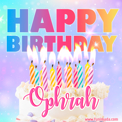 A vibrant animated name GIF with the words 'Happy Birthday Ophrah' with colorful candles on a creamy cake. The background sparkles with pastel shades, adding a festive touch.