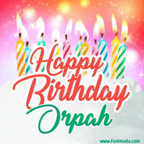 Bright birthday candles with rainbow flames on a cake, alongside the text 'Happy Birthday Orpah' in vibrant script in this celebratory animated GIF.
