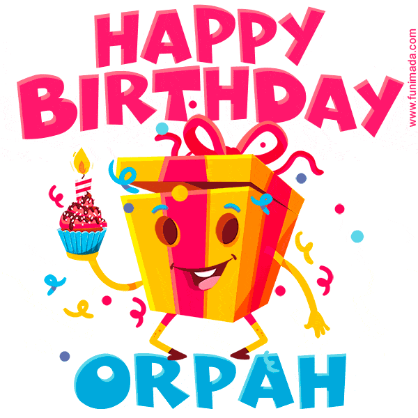 A vibrant and funny gift box character with a happy face dancing with a cupcake and the text 'Happy Birthday Orpah,' surrounded by animated confetti and party vibes.