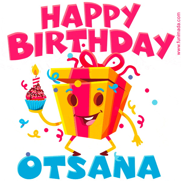 A vibrant and funny gift box character with a happy face dancing with a cupcake and the text 'Happy Birthday Otsana,' surrounded by animated confetti and party vibes.