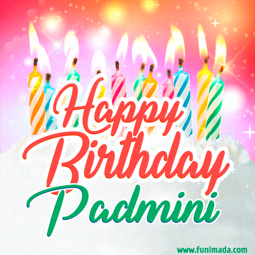 Happy Birthday GIF for Padmini with Birthday Cake and Lit Candles