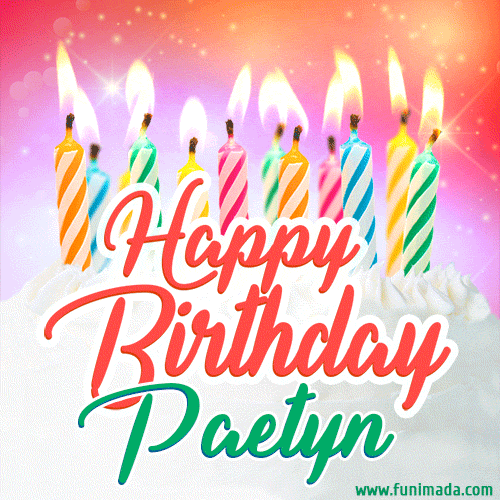 Bright birthday candles with rainbow flames on a cake, alongside the text 'Happy Birthday Paetyn' in vibrant script in this celebratory animated GIF.