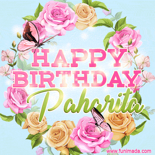 Beautiful Birthday Flowers Card for Paharita with Glitter Animated Butterflies