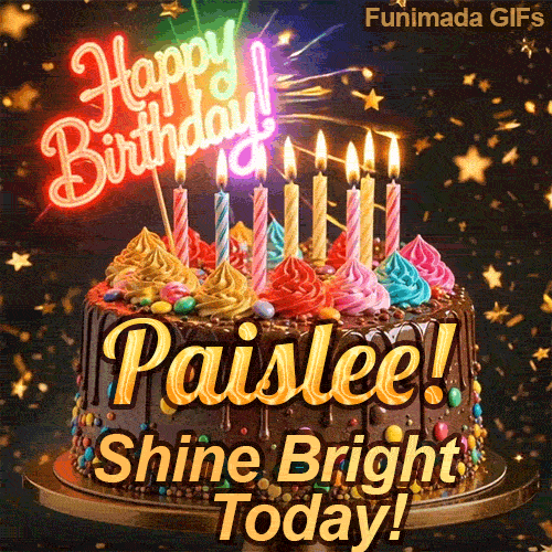 Burning birthday candles on top of a chocolate drip cake with the text Shine Bright Today! at the base, personalized for Paislee.