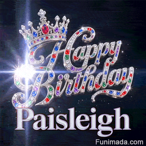 A detailed silver queen crown with colorful gemstone highlights resting on diamond-encrusted cursive letters.Paisleigh