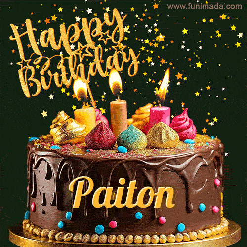 A delightful chocolate birthday cake with bright candles and 'Happy Birthday Paiton' written in gold amidst a shower of animated stars.