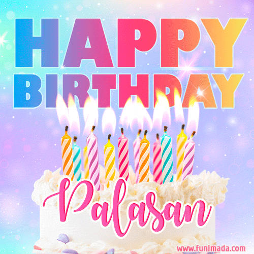 Animated Happy Birthday Cake with Name Palasan and Burning Candles