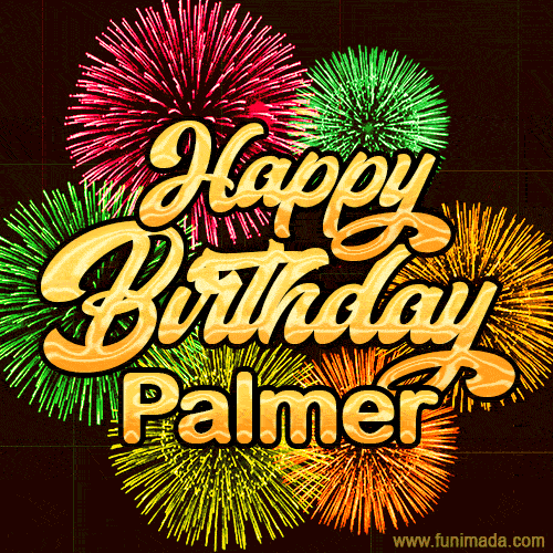 Golden text reading 'Happy Birthday Palmer' surrounded by vibrant fireworks in red, green, and yellow, set against a dark background in this celebratory birthday GIF.