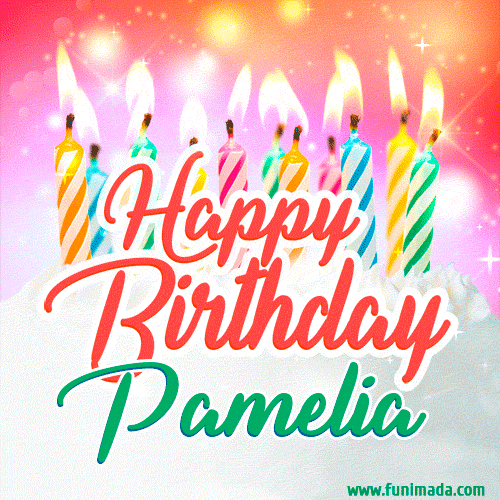 Happy Birthday GIF for Pamelia with Birthday Cake and Lit Candles