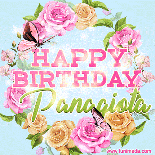 Beautiful Birthday Flowers Card for Panagiota with Glitter Animated Butterflies