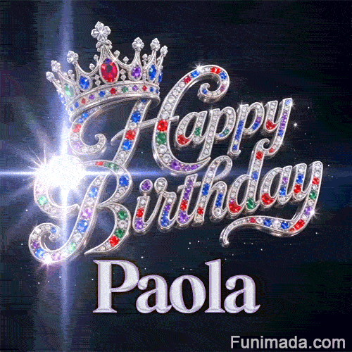 White lens flare effect glowing from crystal-encrusted cursive letters spelling Happy Birthday on a dark starry background.Paola