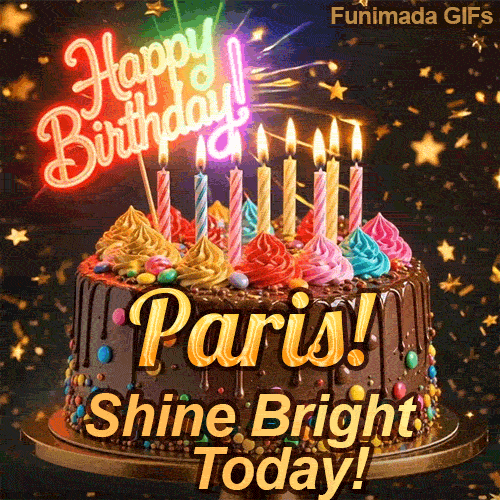 A chocolate frosted cake on a gold stand with glowing yellow candles and the text Shine Bright Today! personalized for Paris.