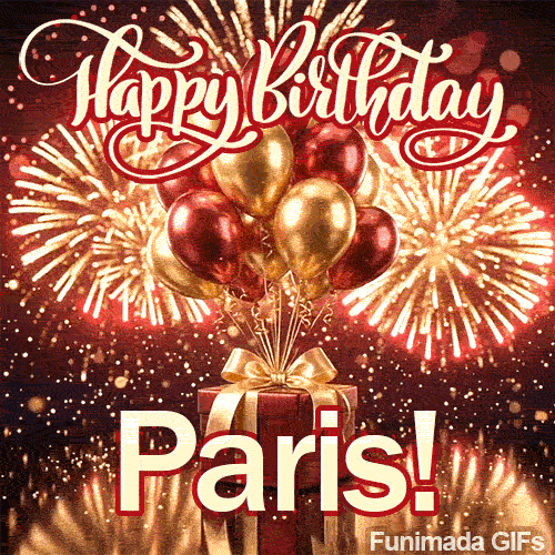 A luxury red present tied with a golden bow and topped with gold and burgundy balloons, personalized with the name Paris
