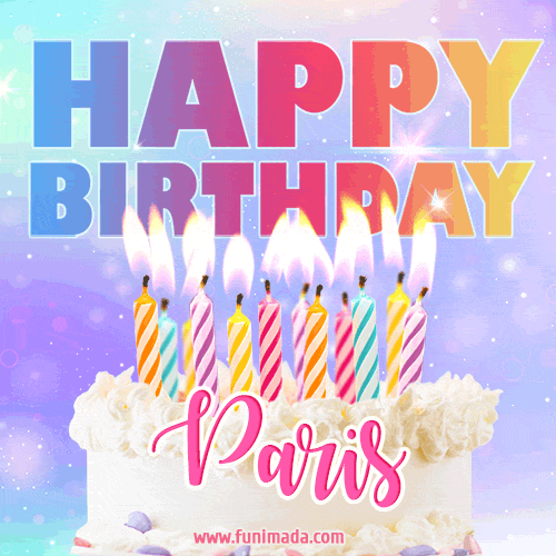 Animated Happy Birthday Cake with Name Paris and Burning Candles