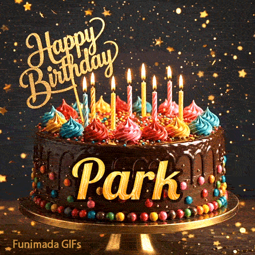 A chocolate frosted birthday cake with the name Park in yellow script, set against a dark background with golden star sparkles.