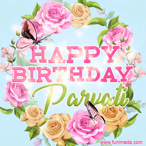 Beautiful Birthday Flowers Card for Parvati with Glitter Animated Butterflies