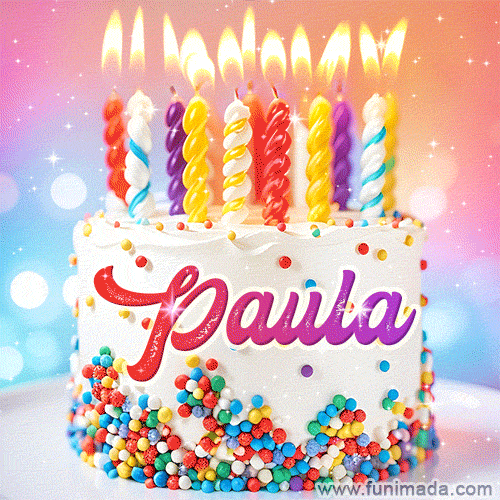 A cheerful white birthday cake with multicolor sprinkles, lit candles, and 'Paula' written in vibrant letters, in an animated GIF.