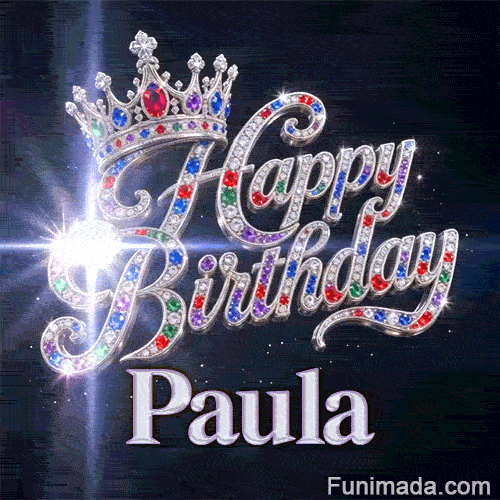 Cursive script encrusted with diamonds and multicolored jewels below a silver crown, made for Paula's birthday.
