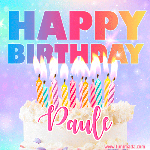 Animated Happy Birthday Cake with Name Paule and Burning Candles
