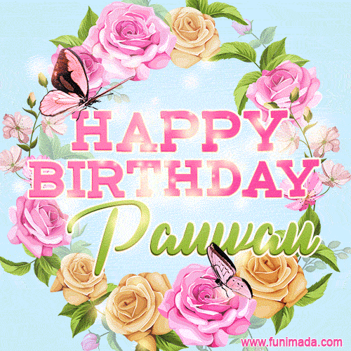Beautiful Birthday Flowers Card for Pauwau with Glitter Animated Butterflies
