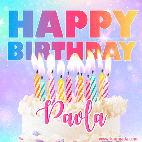 Animated Happy Birthday Cake with Name Pavla and Burning Candles