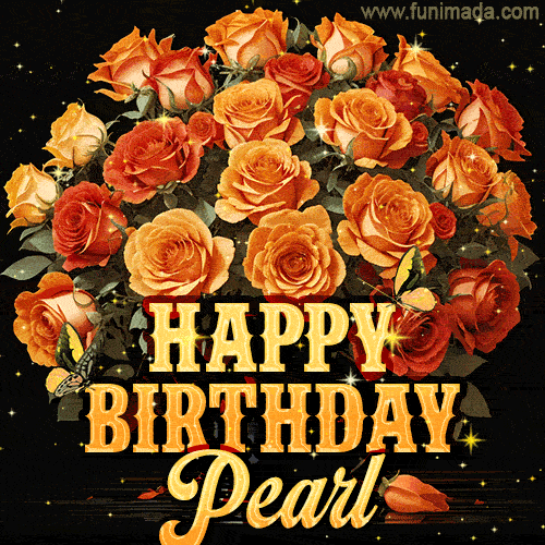 Beautiful bouquet of orange and red roses for Pearl, golden inscription and twinkling stars